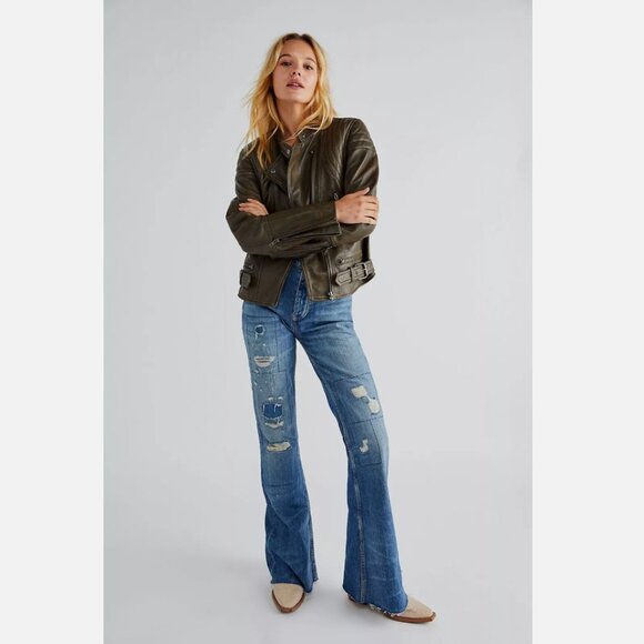 New Free People Fenix Leather Moto Jacket Size XS MSRP: $498 Olive